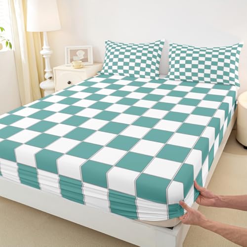 Image of Erosebridal Teal Plaid Bed Sheets Queen Turquoise Checkered Sheet Set Geometric Grids Gingham Bedding Set for Kids Boys Girls,Soft Lightweight Fitted Flat Sheets 4 Piece