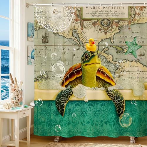 Mocsicka Nautical Turtle Shower Curtain Coastal Shower Curtain for Bathroom Vintage Bathtub Bathroom Decor Waterproof Machine Washable Set (Retro 71x71inch)