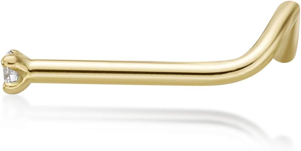 Lavari Jewelers 0.01 to 0.07 Carat Diamond Curved Screw Nose Stud for Women or Men - 14k White or Yellow Gold Nose Ring for Her - 20 Gauge Unisex Hypoallergenic Nostril Jewelry - 20G Body Piercing