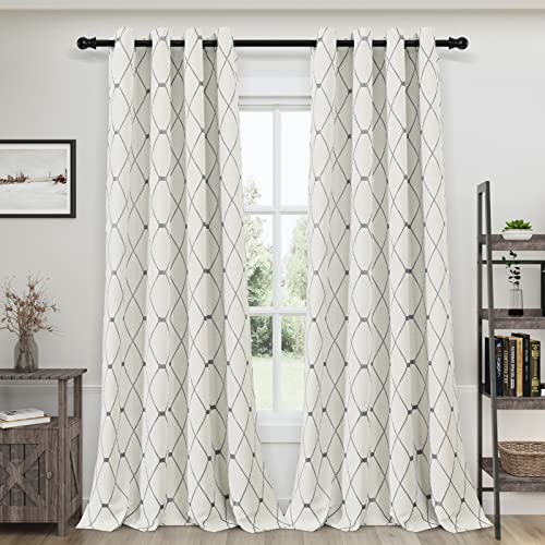 Joywell Linen Textured Curtains 120 inches Long for Living Room Embroidered Farmhouse Curtain Grommet Drapes 2 Panels Thick Cotton Curtains Gray Checkered Pattern 10ft Tall 52W x 120L