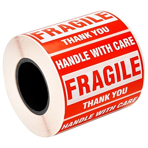 Image of GLUN Fragile Stickers Roll 60x40 mm, Paper Care Warning Stickers 300 Labels, Strong Adhesive Red Fragile Labels with for Shipping Packing of Goods and Moving