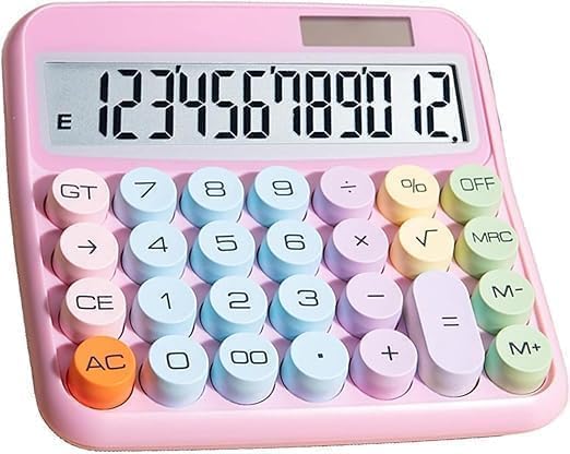 Colorful Retro 12-Digit Calculator with Round Mechanical Keycaps | Dual Solar & Battery Power Desktop Calculator for Students & Office | Cute Pastel Display & Large Buttons