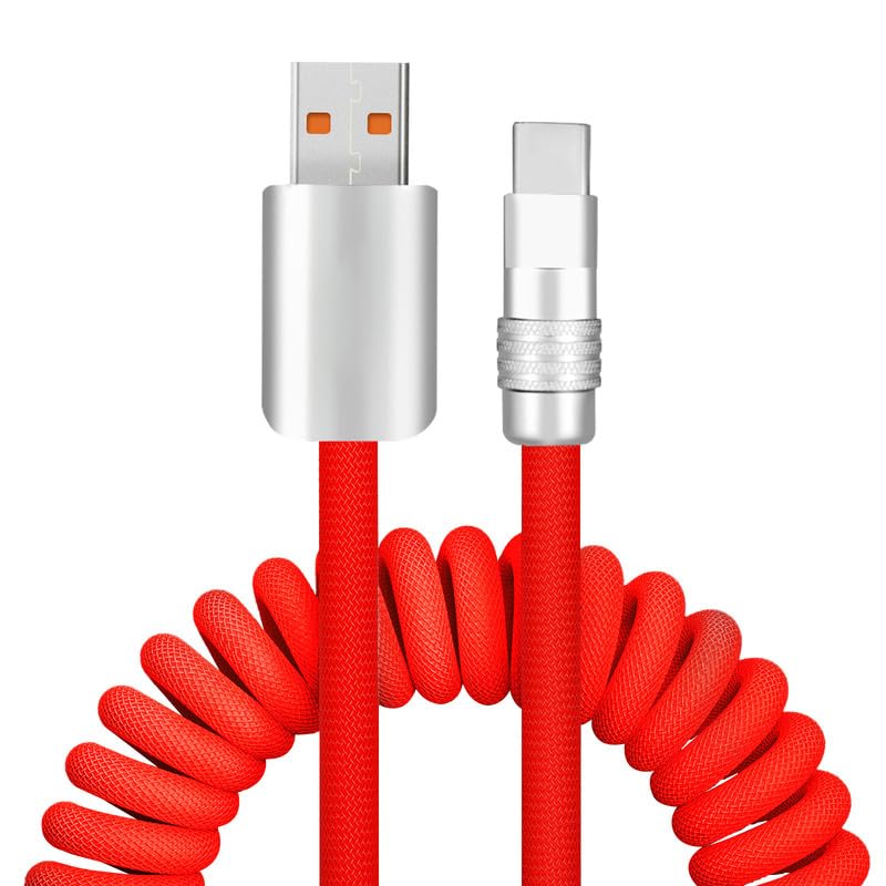 GentsStride Curly Chubby - Cable de carga rápida retráctil duradero USB A a tipo C, conector de puerto para teléfonos, tabletas y más, rojo, tipo C