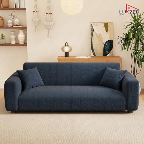 Image of Lukzer 4 Seater Pastel Marine Blue Tribal Pattern Sofa Cover | 240 GSM Universal Stretch Fit Jacquard Fabric Couch Protector | Fully Covered Anti Slip & Washable Sofa Cover (230-300cm /SC-136-04)