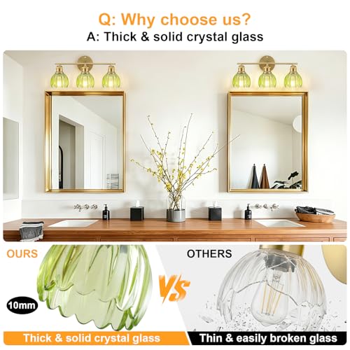 Image of Bathroom Light Fixtures, 3-Light Brushed Gold Vanity Lights for Bathroom with Green Tulip Glass Shade, 20 inch Vintage Bathroom Vanity Lighting Fixtures Over Mirror for Bedroom Living Room Hallway