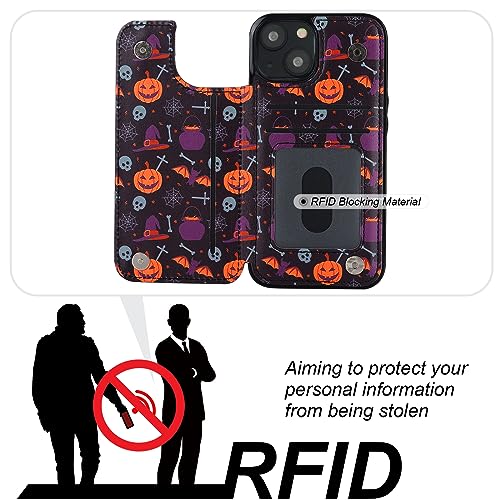 Image of HAOPINSH for iPhone 13 /14 Wallet Case with Card Holder, Halloween Pumpkin Pattern Back Flip Case PU Leather Kickstand Card Slots Case for Women Girls, Double Magnetic Clasp Shockproof Cover 6.1 inch
