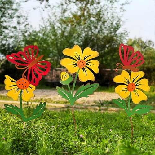 3 Pack Butterfly&Flower Metal Flowers for Outside & Decorative Garden Stakes - Metal Yard Art Outdoor and Garden with Rustproof Design | Spring Lawn Ornaments for Porch,Backyard，Patio | Outdoor Gifts