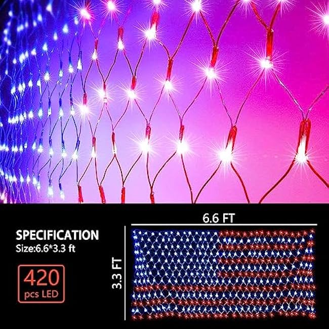 PUHONG (New) American Flag Lights, 420 LED USA Flag Net Lights, Outdoor Waterproof Patriotic Ornaments for Independence Day National Day July 4th Memorial Day Christmas New Year Party Yard Decoration