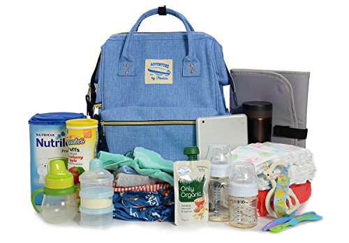 Wide Open Designer Baby Diaper Backpack by Moskka–Nappy Tote Bag w/Stroller Straps, Changing Pad & Insulated Pocket for Girl & Boy - Blue - Thumbnail 7