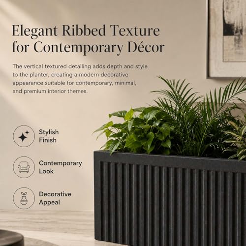 Image of Go Hooked Rectangular Planter Pot (20x9) Inch | Grey Ribbed Design Plastic Flower Pot for Indoor Outdoor Balcony Garden Window Railing Patio | Polymer Decorative Plant Container