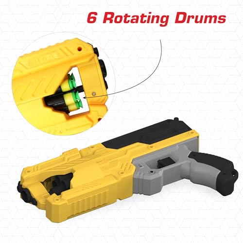 Image of Aditi Toys High Performance Six Fire Gun, Toy Blaster Gun With 6 Dart Rotating Drum, Hi-Arm Toy Gun For Kids Above 6 years, Accurate Upto 45 Feet, Includes 10 Soft Bullet Darts, BIS Approved. (Yellow)
