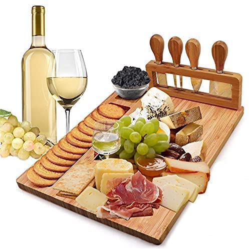 80% Off Discount RoyalHouse Unique Bamboo Cheese Board and Knife Set Serving Tray for Crackers, Meat, and Wine, Wood Charcuterie Platter with Slide-Out Cutlery Drawer, Wedding and Housewarming Gift