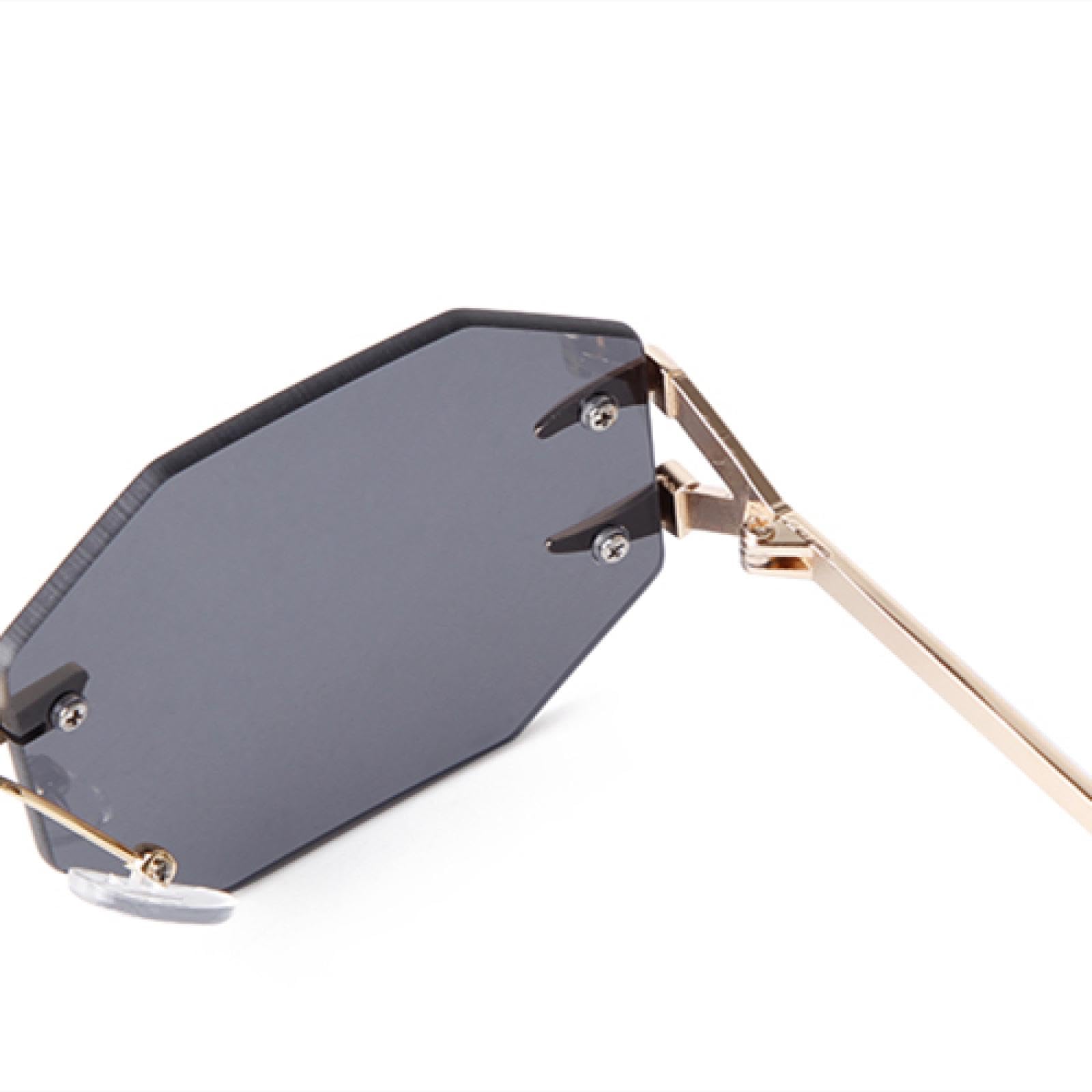 Occhiali da sole poligonali senza montatura da uomo in metallo alla moda per le donne con lenti sfumate e senza montatura