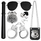 SHOWHEEL Polizei Kostüm, 6 Polizei Kostüm Zubehör Set, Polizei Handschellen Polizist Abzeichen Sonnenbrille Schlagstock Detective Cop Swat FBI Kostüm Halloween Party Rollenspiel Cosplay