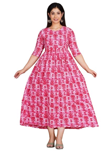Women's Cotton Long A-Line Maternity Kurti/Anarkali Dress with Zipper, Feeding Kurti for Pre and Post Pregnancy (Pink,M)-image-19