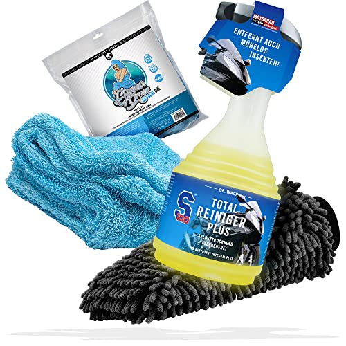 Motorrad Reinigung & Trocknen Bundle - Dr. Wack S100 Total Reiniger 750 ml - Motorradpflege Made in Germany + Nuke Guys Gamma Dryer Trockentuch schlierenfrei + detailmate Waschhandschuh