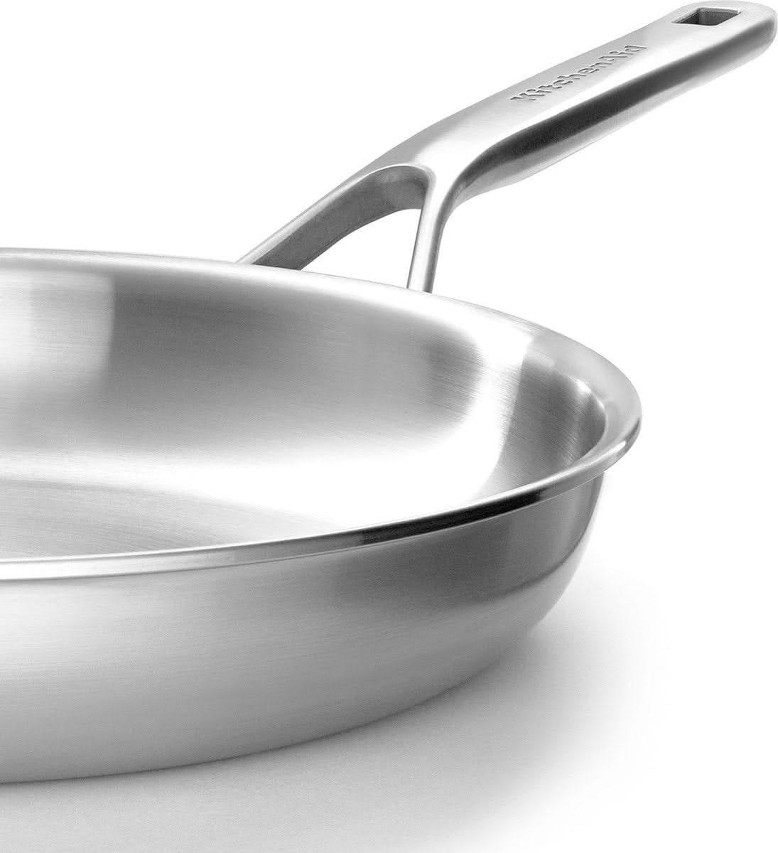 KitchenAid MultiPly Poêle En Inox 3 Couches 28 Cm, Sans Revêtement, Noyau Aluminium, Bord Verseur, Induction, Four 220°C, Lave-Vaisselle, Argent