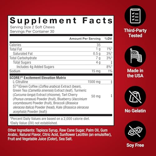 Image of Force Factor Score! Nitric Oxide Supplement for Men with 1,500mg L-Citrulline, Fast Acting Male Vitality Booster for Drive, Desire, and Excitement, Passionate Berry Flavor, 60 Soft Chews