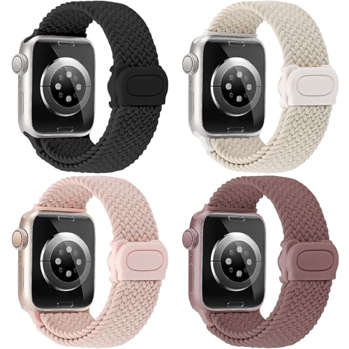 JR.DM 4Pcs Braided Stretchy Adjustable Solo Loop Compatible with Apple Watch Bands 40mm 41mm 38mm 44mm 45mm 42mm 49mm for Women, Elastic Nylon Sport Strap for iWatch Series SE/9/8/7/6/5/4/3/2/1/Ultra