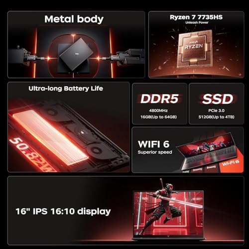 Image of 2026 AMD Gaming Laptop with AMD Ryzen 7 7735HS Processor (8C /16T, Up to 4.75GHz) 16 Inch FHD Screen Laptop Compute 16GB RAM 512GB ROM Windows 11 Laptop, HDMI, WiFi-6, Type-C, Webcam, Backlit Keyboard