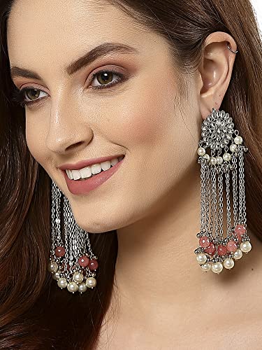Image of Karatcart Kundan Tassel Earrings for Women (Pink and Green Beads)