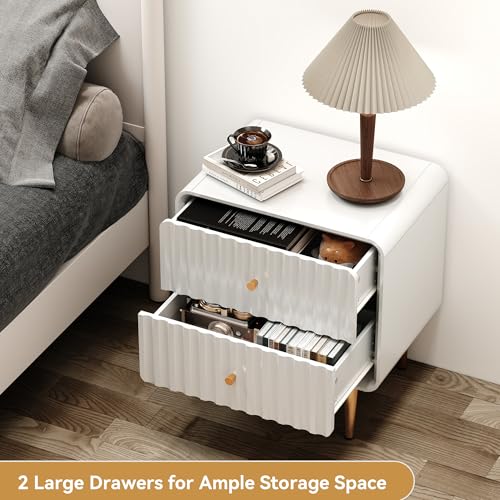 Image of HLR Modern Nightstand, Fluted Bedside Table with 2 Drawers Storage, White