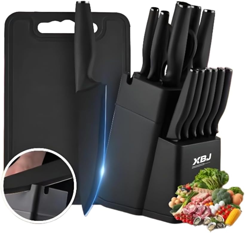 15 Piece Knife Set with Sharpener Block - Stainless Steel, Dishwasher Safe Kitchen Knives with Built-In Sharpener, Black