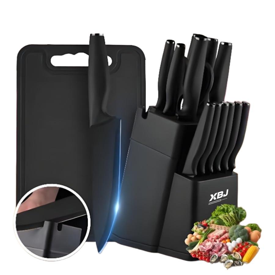 15 Piece Knife Set with Sharpener Block - Stainless Steel Dishwasher Safe Kitchen Knives with Built-In Sharpener Black