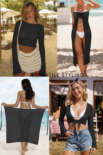Image of Cakulo Women's Crochet Cover Up 2 Piece Beach Skirt Sets | Hollow Out, Tie Front Crop Tops, Bell Sleeve, Sarong Wraps, Swimsuit Bathing Suit Coverup, Resort Wear Beach Vacation Outfits