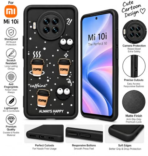 Image of Bintage Back Cover Compatible for Mi 10i / Mi 10T Lite 5G | Cute 3D Taddy Ball Bear Milk Cake Coffee Silicon Case Full Body & Camera Protection - Black