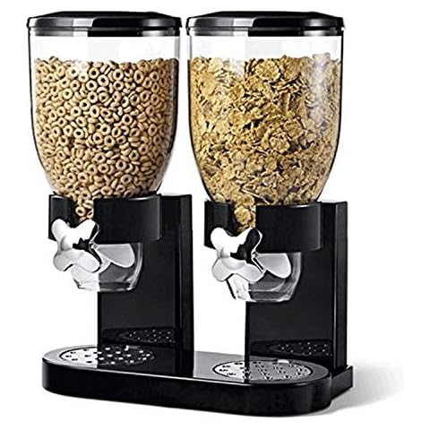 Double Cereal Dispenser Classic Dry Food Double Canister, Dry Food Dispenser Control Storage Container, Great for Cornflakes, Candy, Nuts, Beans, Granola - Kitchen Storage Dispenser, Black Cover