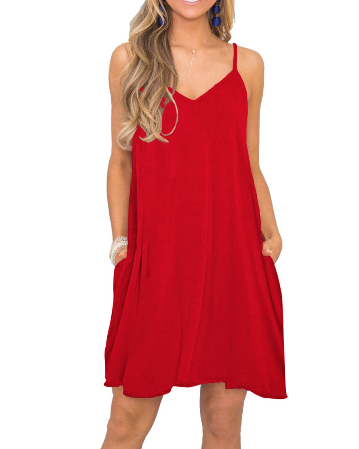Vestido de verano para mujer, con tirantes delgados, casual, para playa, con bolsillos