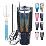 GUDEMAO 40 oz Tumbler with Lids and Straws, Stainless Steel Insulated Coffee Tumbler, Double Wall Vacuum Insulated Travel Mug Cup, Leakproof Thermal Coffee Cup for Hot and Cold Drinks (Glitter Black)