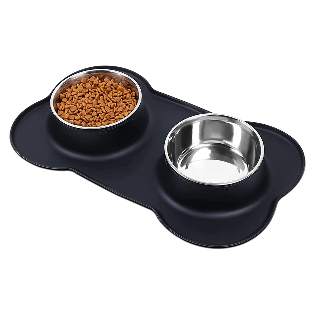 Comedero para Gatos y Perros pequeños de Acero Inoxidable con Base de Silicona Negra Antideslizante -2 Cuencos Comedero para Comida y Agua - Bebedero antisalpicaduras Perro.