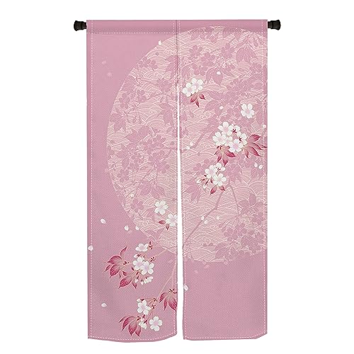 Qinunipoto 暖簾 桜の花 花柄 和風 波柄 のれん シンプル風 幅85cm丈150cm インテリア 出入り口 目隠し おしゃれ すだれ 遮光 部屋 間仕切りカーテン 門カーテン ポリエステル製 オーダー可 簡単取付 四季兼用