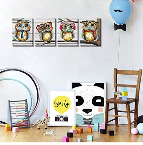 Visual Art Decor 4 Pieces Happy Owl Family Canvas Prints Animal Painting Wall Decor Dad Mom And Kids Canvas Prints Wall Art Decor For Modern Home Child Bedroom Nursery Decoration (01 Owl) #TOP1