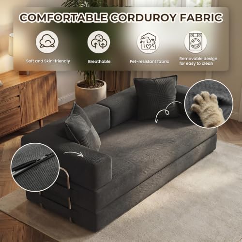 Image of GRUSIGN 78 Inch Convertible Sofa Bed, 5-in-1 Futon Sofa Bed Pull Out Couch, Boneless Couch Bed for Living Room, Corduroy Boneless Couches for Bedroom, Apartment, No Assembly Sleeper Sofa Bed, Gray