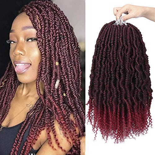 14 Inch Bomb Twist Crochet Hair 6 Packs Spring Twist Hair Prelooped Pretwisted Crochet Braids Synthetic Hair Extension Passion Twist Senegalese Twist Dreadlocks Braiding Hair for Women (T1B/Burgundy)