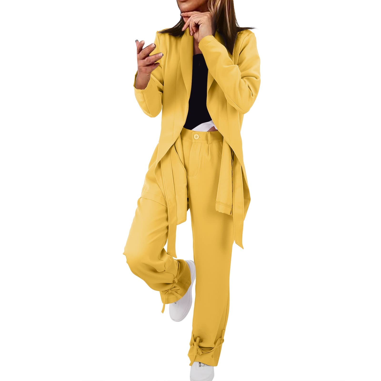 Dames Couleur Unie Cravate à Manches Longues Costume Haut à La Mode DéContracté Beamtie Pantalon Ensemble Manteau Rouge