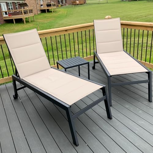 Image of PURPLE LEAF Patio Chaise Lounge Set of 2 with Sponge, Easy Move, Beige | Double-layer Textilene with Sponge, Rustproof Aluminum Frame, 5-Position Reclining Back, Side Table Include, for Pool Use