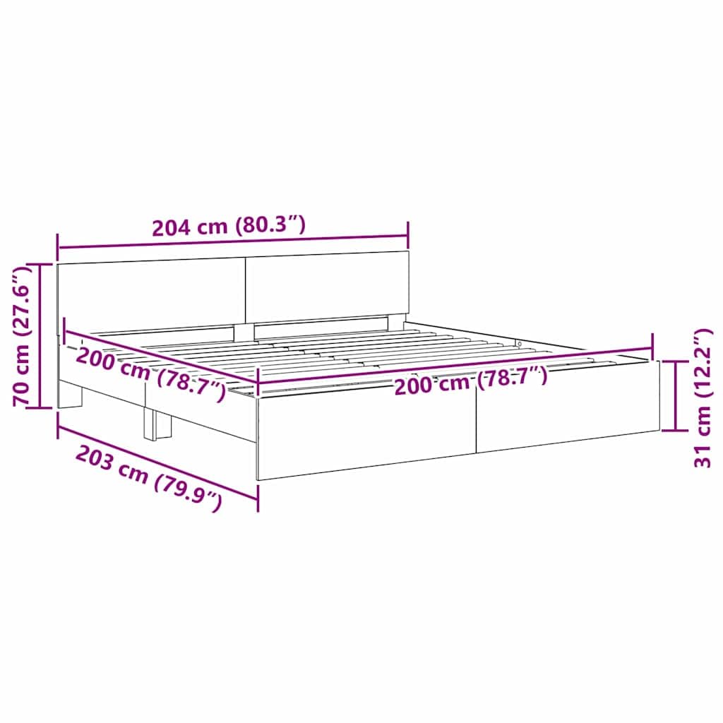 Marco de cama de roble Artisan de madera de 200 x 200 cm con somier y tiras LED para dormitorio de matrimonio con cabecero e iluminación moderna