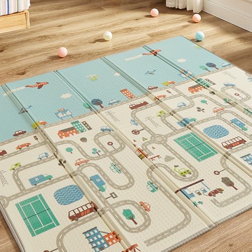 CASABEL Tapis d’Éveil Bébé Évolutif 180×150 cm – Tapis Bébé Pliable, Imperméable et Épais, Motifs Voitures, Grande Taille, Doux et Coloré, Tapis de Jeu Compact à Rangement Facile