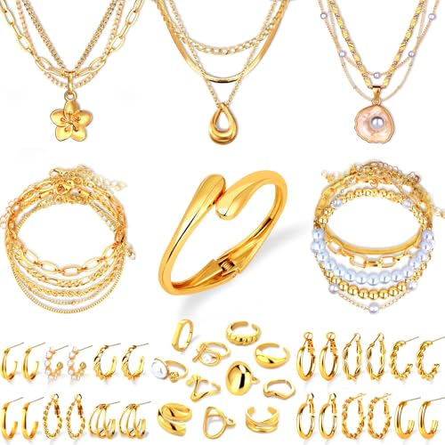 Image of Jewelry Set for Women with Multi Layer Necklaces Bracelets Hoop Earrings Set Stackable Knuckle Rings, 14k Gold Plated Jewerly Set for Everyday Styling and Gifting