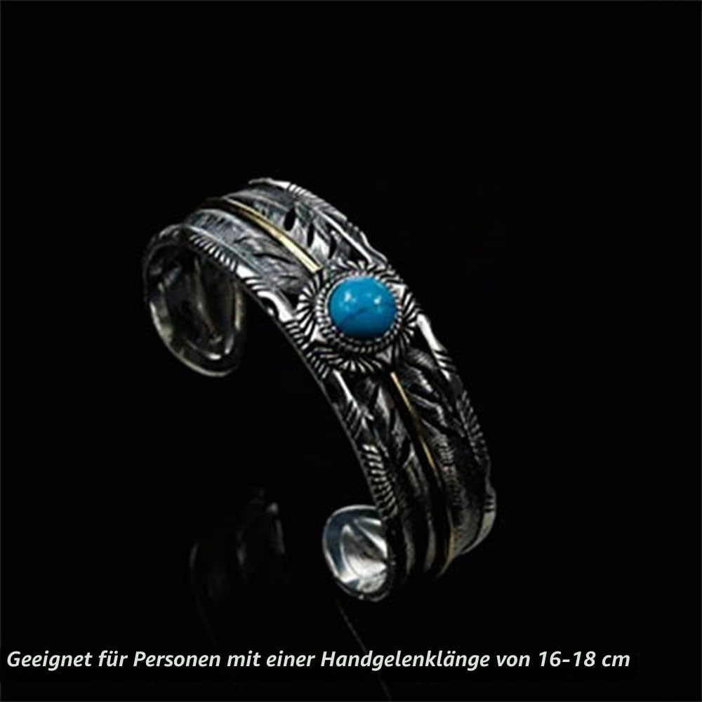 Herren Feather Open Armreif mit Türkis Indianer Breite Feder Silber Ethnic Armlet Vintage Armmanschette