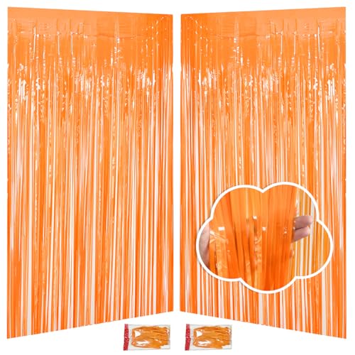 Thanksgiving Decorations Orange Streamers Fringe Backdrop 3.3x8.2ft, 2 Pack Foil Fringe Curtains for Basketball Birthday Party Decorations, Wall Door Decor Tinsel Backdrop for Halloween Bachelorette