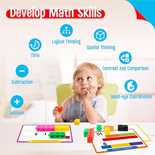 Image of Math Linking Cubes, 100 Math Cube Manipulatives with 30 Learning Activities plus 192 Reusable Stickers, Number Counting Blocks Snap Linking Math Counters, Fun & Educational Pre-K Counting Blocks