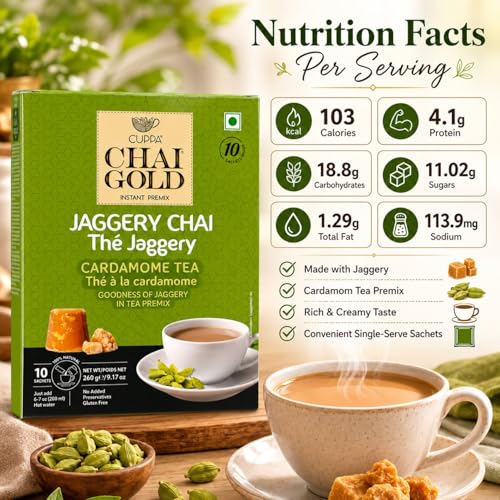 Té chai instantáneo con jaggery en polvo, pack de 10 miniatura 4