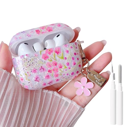Image of MINSCOSE for Cute Glitter AirPods Pro 3 Clear Case,Shell Pattern Cartoon Flower Aesthetic Design with Floral Keychain,Soft TPU Protective Cover with Cleaner Kit for Women Girls-Pink
