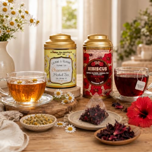 Image of Sancha Tea Boutique, Tea Combo Pack: Chamomile Herbal (50g) & Hibiscus Teas (25 Pyramid Bags), Calming & BP Control, Caffeine Tisanes