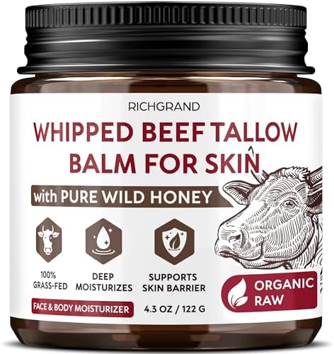 Beef Tallow for Skin - Whipped Tallow and Honey Balm - Grass Fed Beef Tallow for Face, Daily Moisturizer & Body Butter - Natural Non Comedogenic Skincare (4.3 oz)